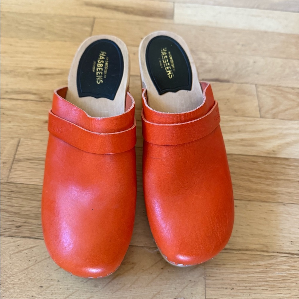 Swedish Hasbeens Orange Leather Mules